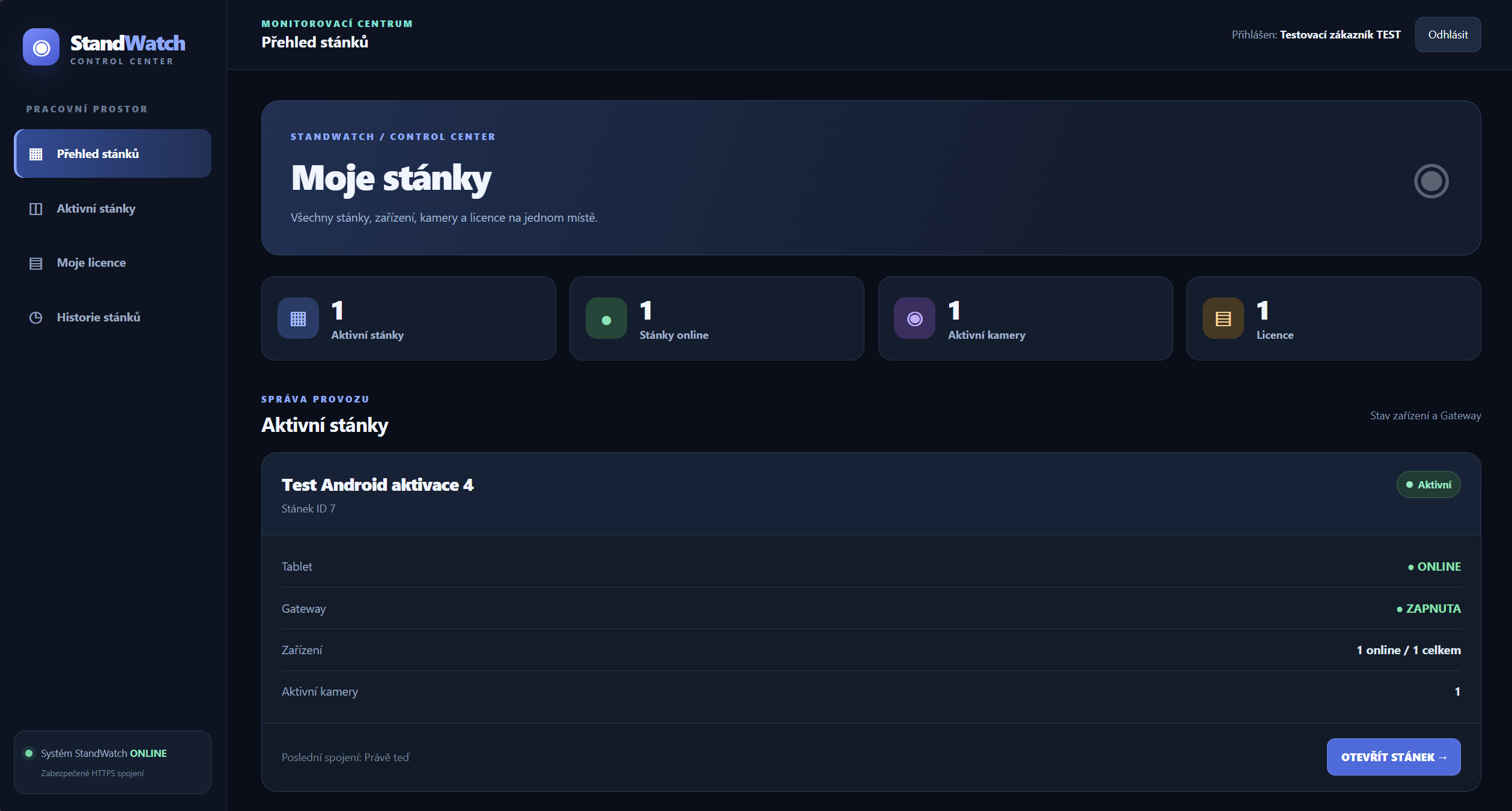 Ukázka zákaznického dashboardu StandWatch